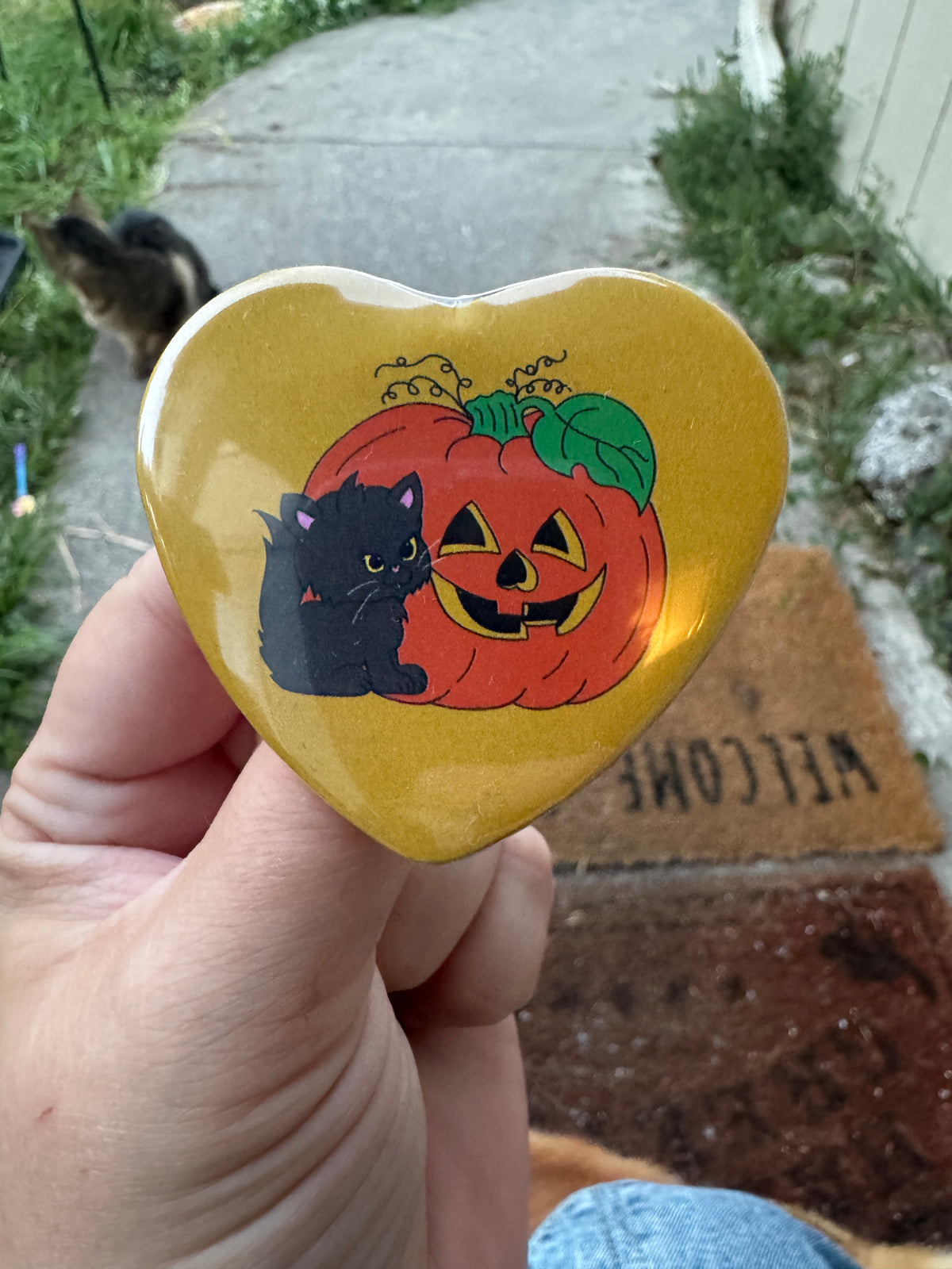 pumpkin kitty heart shaped 2.25 inch button