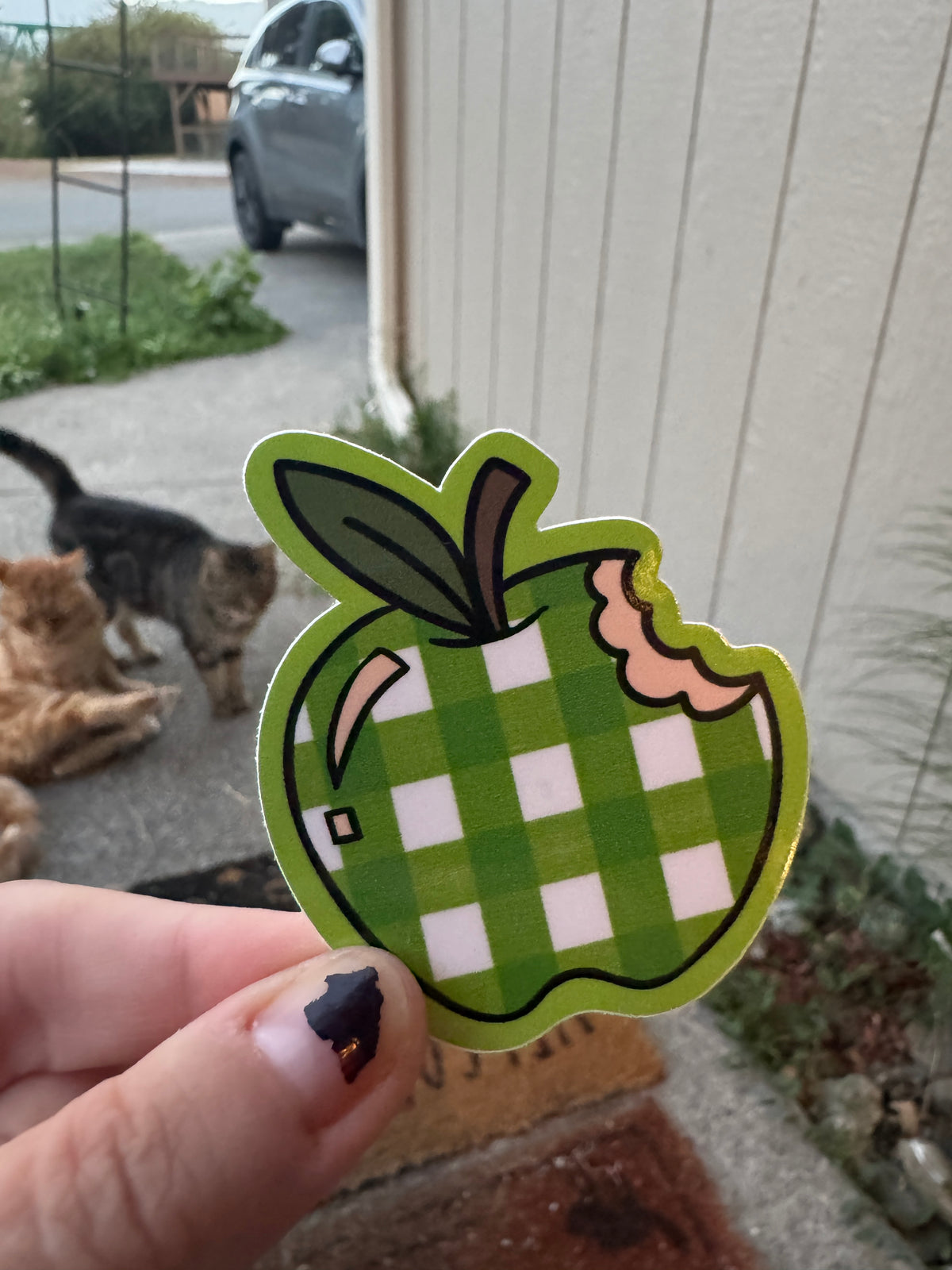 Green gingham apple sticker