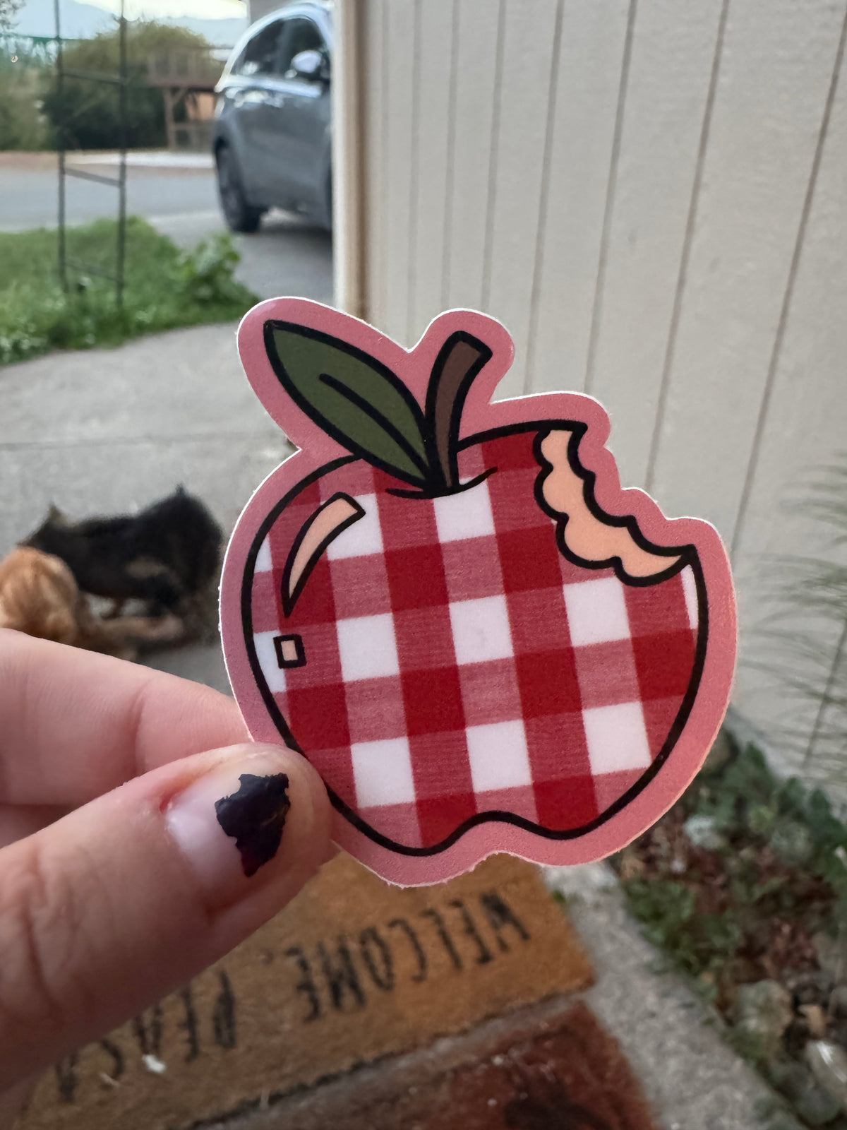 Red gingham apple sticker