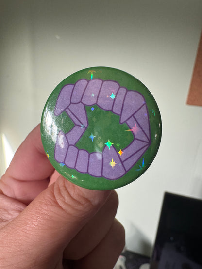 Purple fangs holographic button
