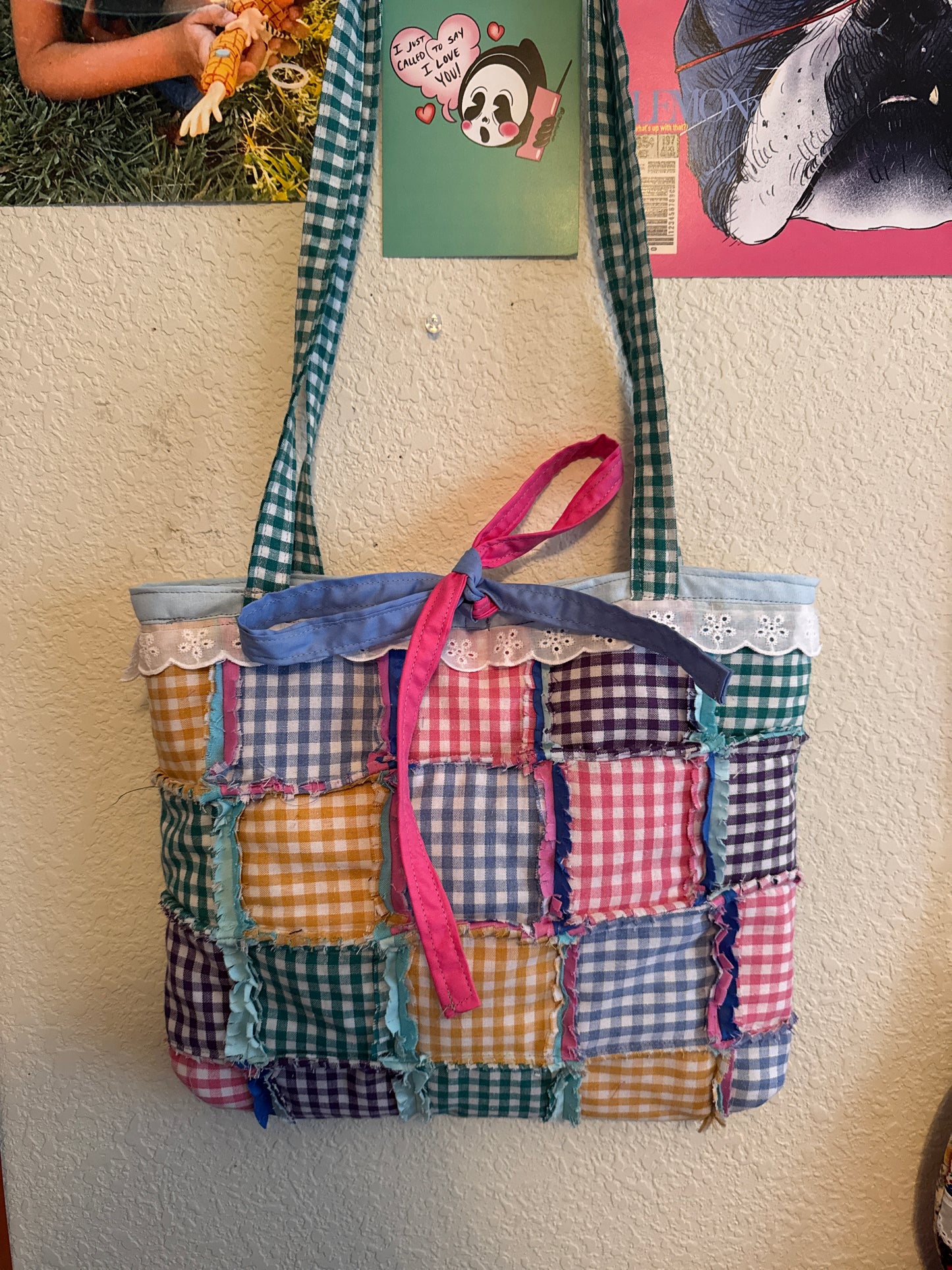 Pastel gingham rag quilted tote bag