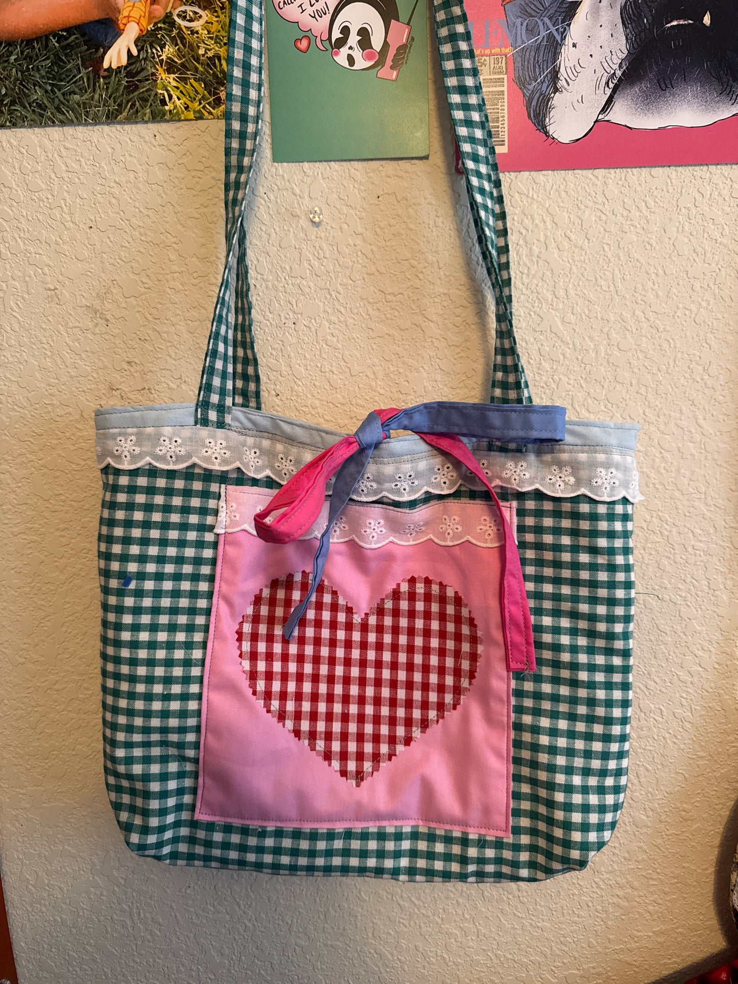 Pastel gingham rag quilted tote bag
