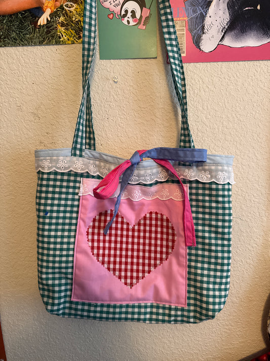 Pastel gingham rag quilted tote bag