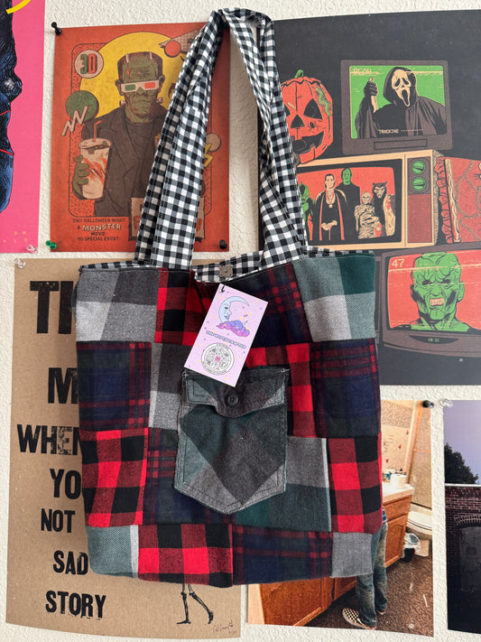 upcycled flannel tote bag