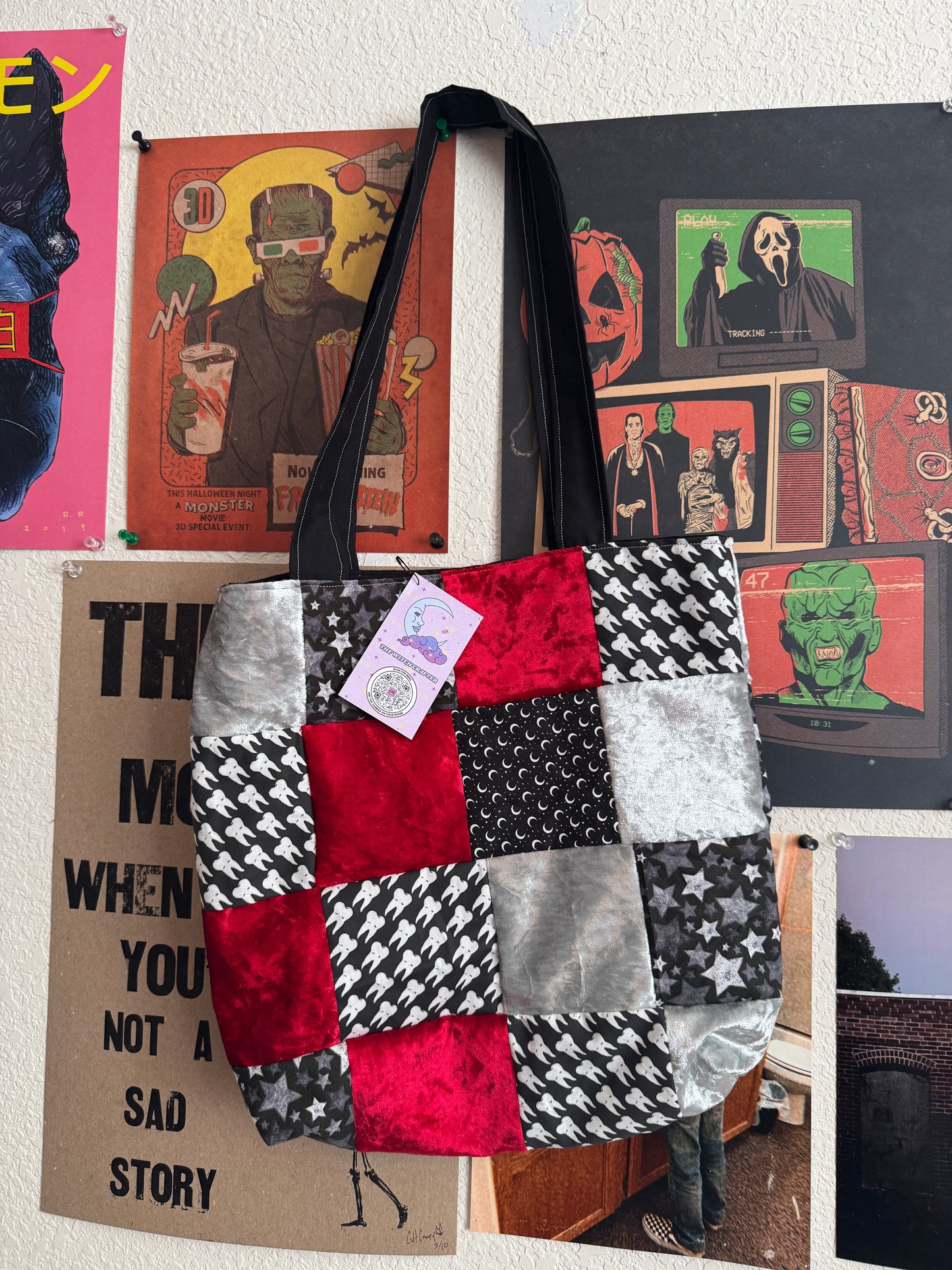 red and black dark tote